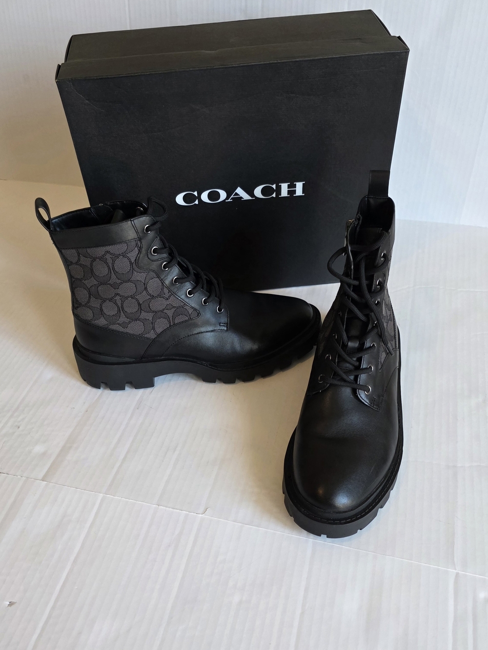 Coach Men's Citysole Leather Lace-up Ankle Boots black jacquard Combat sz 10